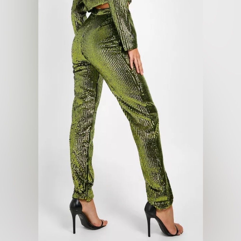 Boohoo - NEW - TALL SEQUIN HIGH WAIST PANTS. Size US 12. COLOR: OLIVE - Picture 2 of 6